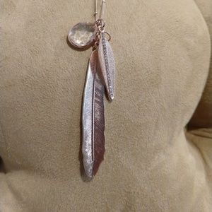 Long Rose Gold Necklace w/ Feather and Leaf